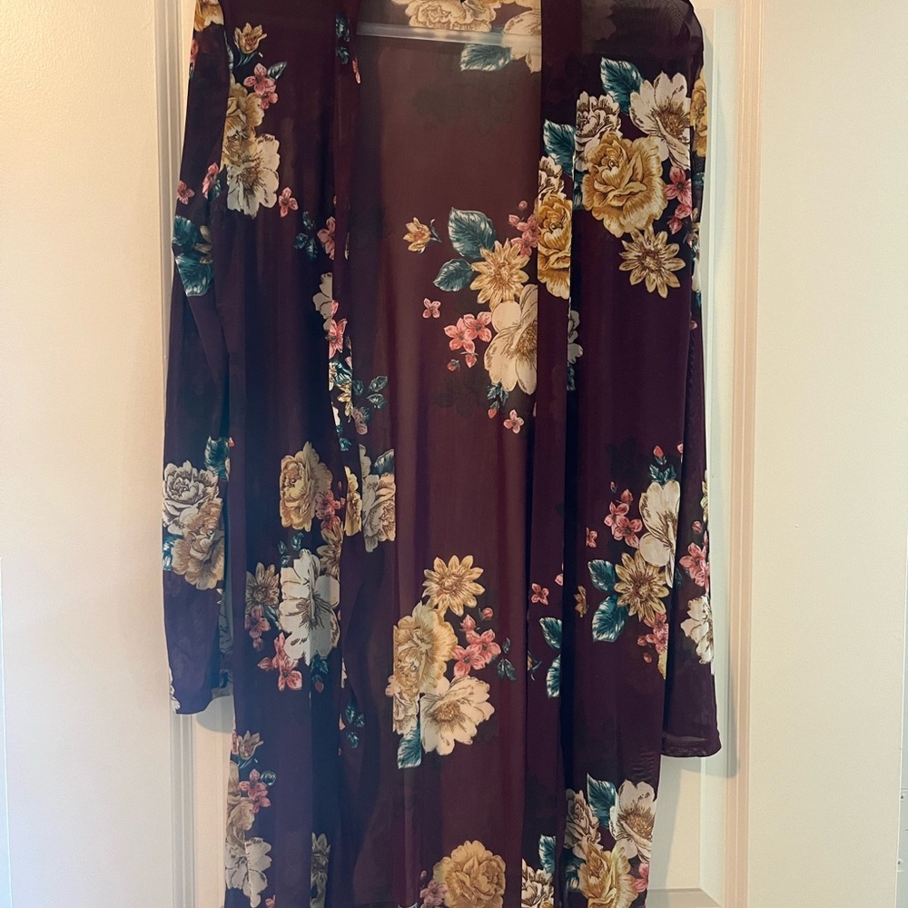 Floral Sheer Kimono Cardigan - Burgundy